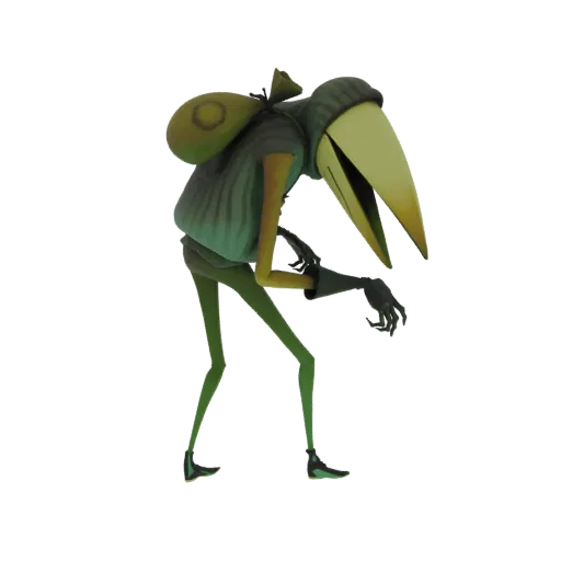 3D model of a green, bird-like creature with a long beak, wearing a hood and carrying a sack over its shoulder.