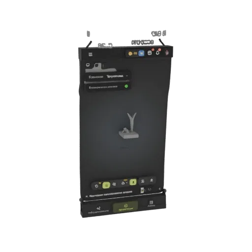 3D render of a futuristic dark UI panel with glowing buttons and a minimalist abstract sculpture in the center.
