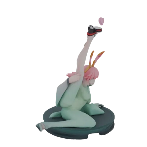 3D-Modell eines Anime-Mädchens mit pinken Haaren und Hasenohren in einer dynamischen High-Kick-Pose, trägt ein hellgrünes Out