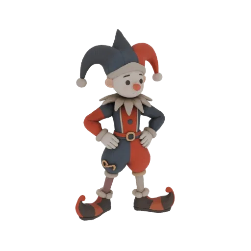 3D model of a jester in a colorful costume with a cap, hands on hips, on a white background