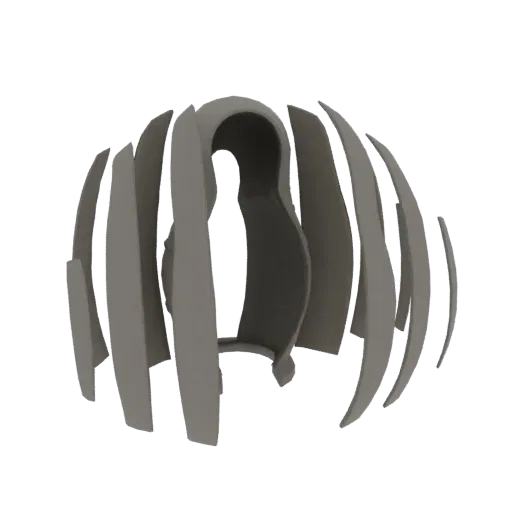 3D render of an abstract sculptural form with a central void and flowing, segmented gray pieces.