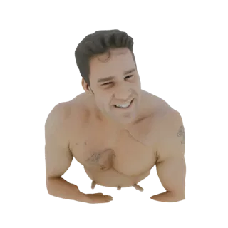 Modello 3D di un uomo muscoloso con un ammiccamento giocoso e un sorriso sicuro, che mostra il suo fisico.