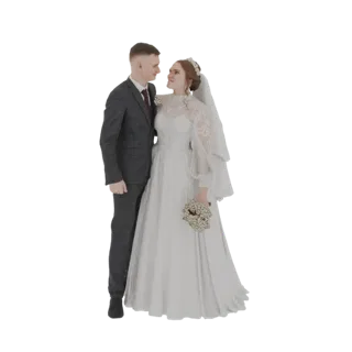 3D model of a romantic wedding couple, bride in white gown and groom in suit, looking at each other lovingly.