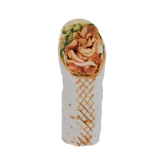 Modèle 3D de wrap shawarma avec poulet visible, concombre et garniture de tomate, enveloppé dans une tortilla grillée.