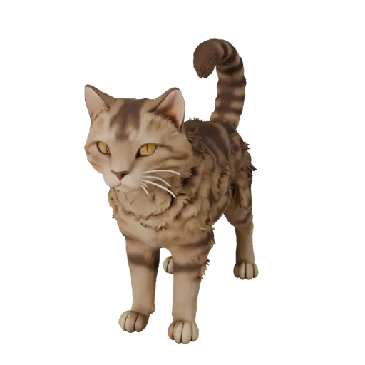 High Poly Cat STL model, isometric display view, print-ready animal figure with whisker pads, shoulder glide, tail arc, and feline paw reads; alert and PBR