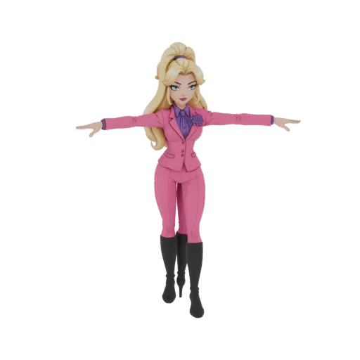 3D model of a stylized woman with blonde hair in a pink suit and purple blouse, standing with arms outstretched.