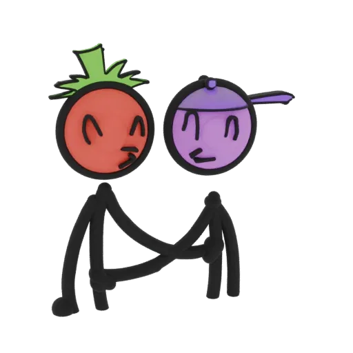 3D render of a cute tomato character with a green stem and a purple-capped character hugging closely, against a black backgro