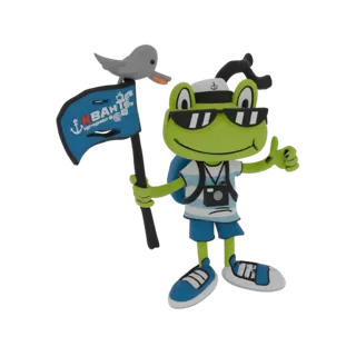 3D model of a green frog wearing sunglasses and a sailor hat, holding a blue flag with an anchor emblem, giving a thumbs-up.