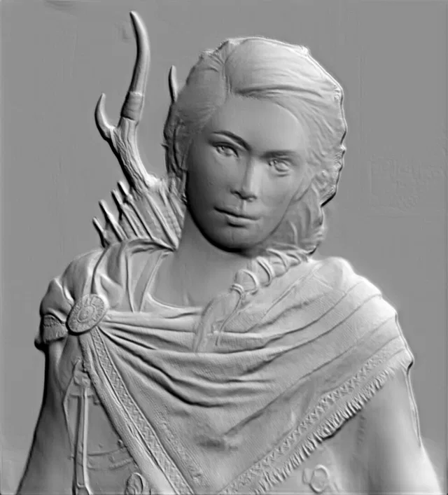 Modelo 3D bajorrelieve cazadora con arco y flechas estilo antiguo