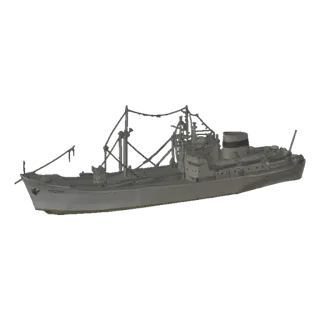 3D model of a grey, WWII-era cargo ship with visible deck structures and rigging, presented against a white background.