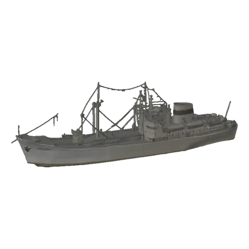 3D model of a grey, WWII-era cargo ship with visible deck structures and rigging, presented against a white background.