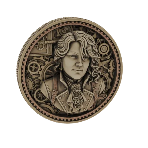 3D model of a Steampunk coin featuring a detailed bust portrait surrounded by gears and mechanical elements.