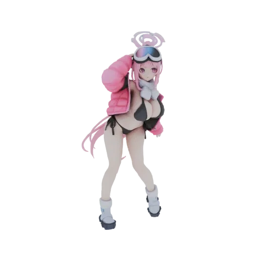 Modello 3D ragazza anime capelli rosa, bikini, giacca imbottita rosa, occhiali da sci, stivali da neve, in posa.