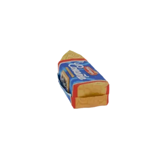 3D model of a Caramelo wafer bar with blue and red packaging, showing wafer layers.