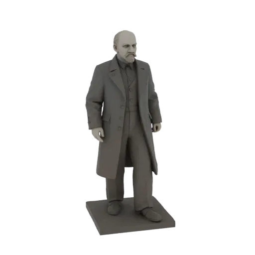 3D model of a man statue in a grey coat and vest, standing on a square base