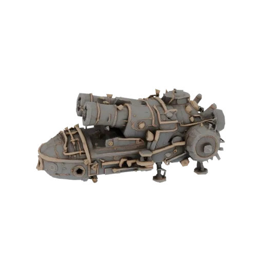 Modello 3D nave steampunk con due cannoni, dettagliata, colore grigio, su sfondo bianco