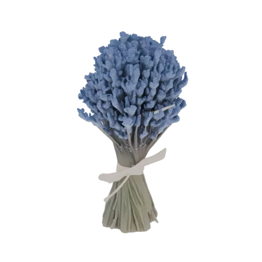 3D-Modell eines zarten Lavendelstraußes mit blauen Blüten und weißem Band, isoliert auf weißem Hintergrund.