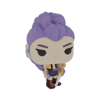 3D model of a purple-haired warrior in a Funko Pop style, holding a sword and wearing a yellow jacket and dark shorts.
