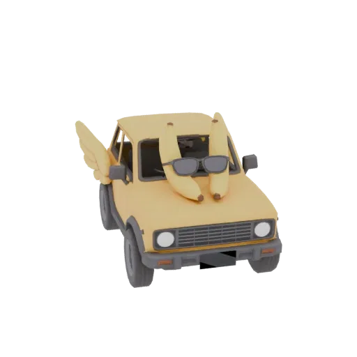 3D model of a cyberpunk-style yellow car with wings and a banana in sunglasses driving.