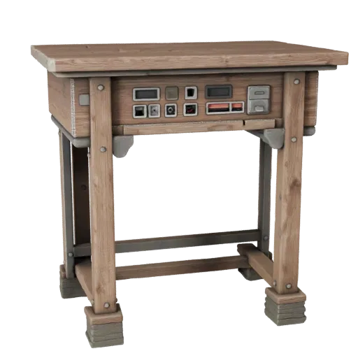 Modèle 3D table console rustique, intérieur de maison, vue de trois quarts avant, fenêtre Unity, détail du grain du bois.