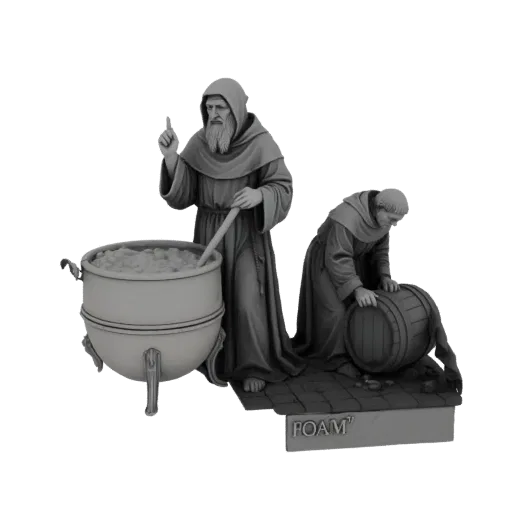 3D model of two monks in robes, one stirring a large cauldron, the other tending to a barrel, on a cobblestone base.
