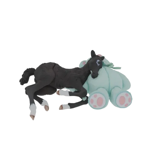 A 3D render of a black foal lying down and hugging a light blue plush toy with pink paw pads.