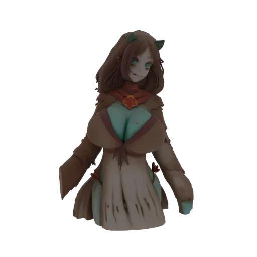 3D model of a creepy doll with brown hair, green horns, pale skin, blue eyes, and a tattered light-colored dress with a brown cloak.