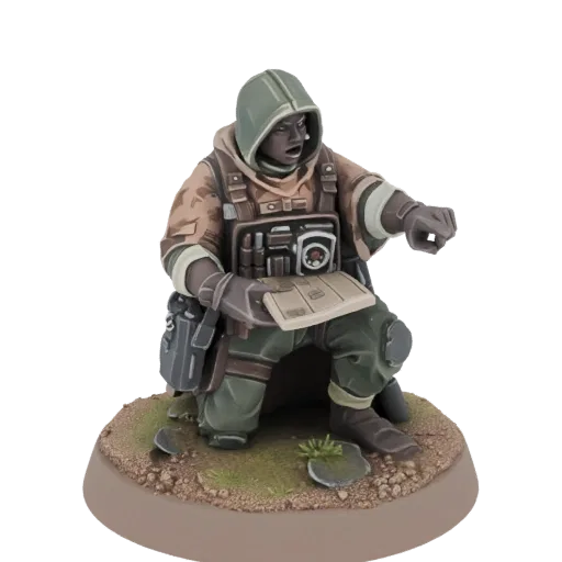 3D model of a scout figure kneeling and looking at a tablet, wearing a camouflage hooded jacket and tactical vest.