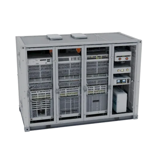 3D-Modell eines modularen Server-Racks mit mehreren Einschüben voller elektronischer Geräte, präsentiert auf weißem Hintergru