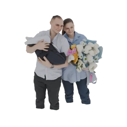 3D model of a smiling man holding a baby, with a woman beside him holding a large bouquet of colorful flowers.