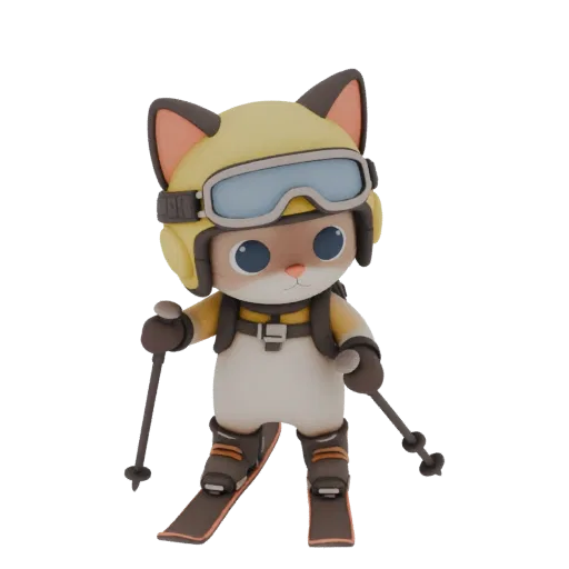 Modelo 3D de gato esquiador com capacete amarelo, traje de esqui, esquis e bastões