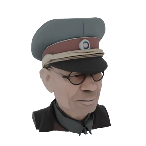 3D model render of a vintage officer's head and shoulders, wearing a grey cap with a red band and a circular emblem, and roun