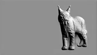 Modello 3D di bassorilievo di lince in stile naturalistico, in piedi su sfondo grigio