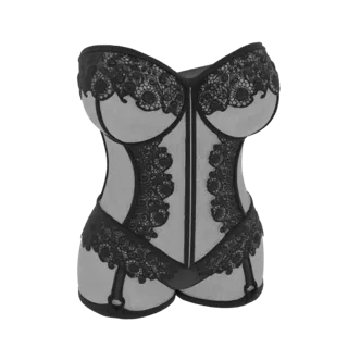 3D model of a black lace corset with intricate floral lace details and attached garters.