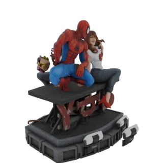 3D-Modell von Spider-Man und Mary Jane in romantischer Pose, mit stilisiertem 'YOU'-Schriftzug auf der Basis.