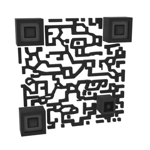 A 3D render of an abstract QR code with a dark, metallic finish and intricate, stylized patterns.