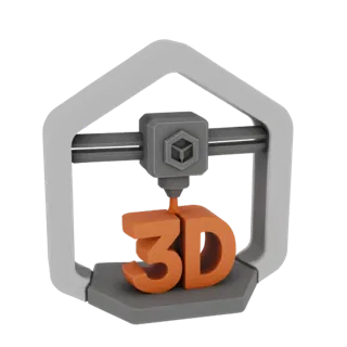 Una renderización 3D de una impresora 3D gris y blanca con su boquilla extruyendo filamento naranja para formar las letras '3