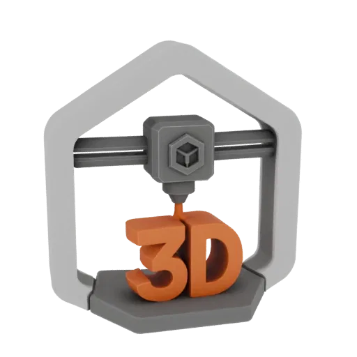 A 3D render of a gray and white 3D printer with its nozzle extruding orange filament to form the letters '3D'.