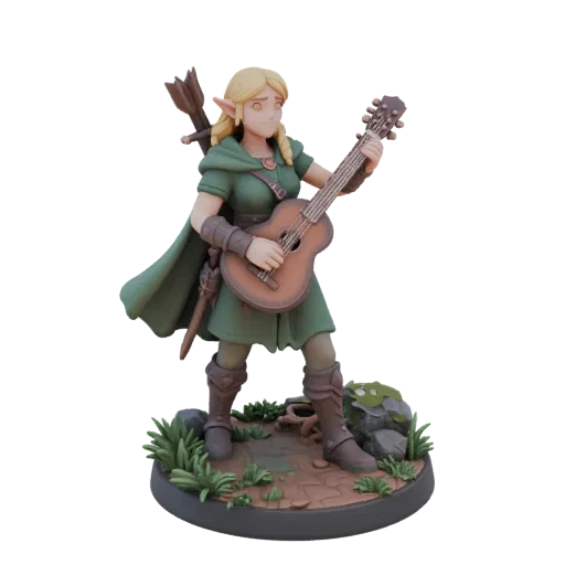 3D model of an elf bard and ranger with a lute, standing on a forest path, ready for 3D printing.
