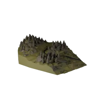 Taiga River Biome High Poly 3D model, close-up cinematic environment render, showing terrain layers, snow banks.