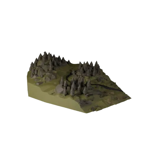 Modelo 3D de Alta Poligonalidade do Bioma de Rio Taiga, render de ambiente cinematográfico de perto, mostrando camadas de ter