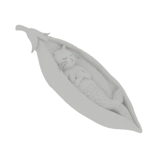 3D model of a cute mermaid cat with a fish tail sleeping peacefully inside a green pea pod.