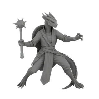 3D model of a grey Dragonborn warrior holding a mace and wearing a shield, in a combat pose.