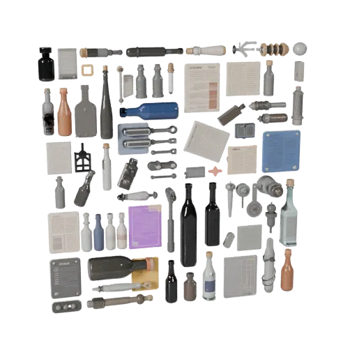 Urban Bottle Group Stylized 3D model, stylized isometric render, showing paper-like cards, small readable forms.