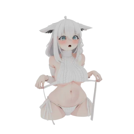 3D model of a white-haired anime girl with blue eyes wearing a white Virgin Killer sweater and bikini, posing playfully.