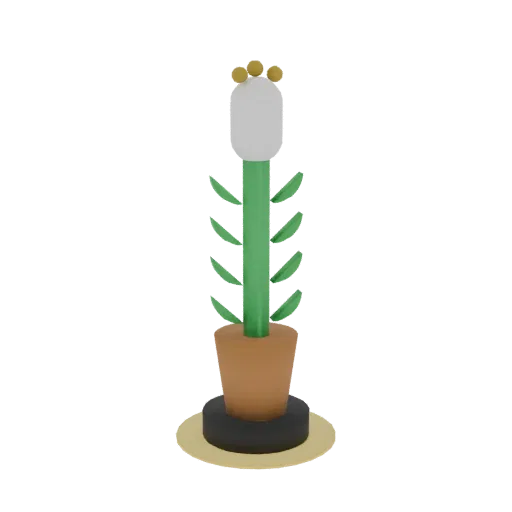A 3D render of a stylized potted plant with a tall green stem, white flower, yellow buds, and a terracotta pot, set against a