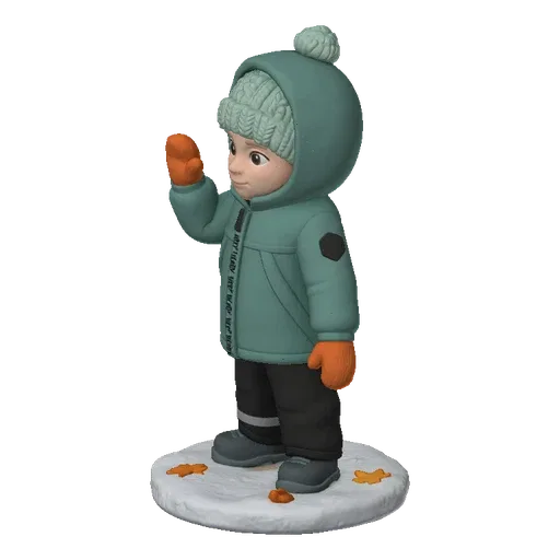 3D model of a cute child in a teal winter coat and hat, waving hello, standing on a snowy base with leaves.
