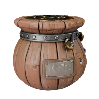 Adventurer Coin Pouch 3D model, three-quarter front view, Unity viewport, showing aged wood, clear pickup silhouette.
