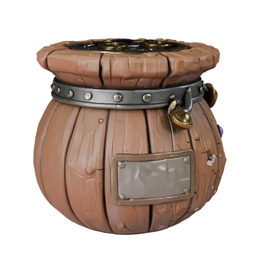 Adventurer Coin Pouch 3D model, three-quarter front view, Unity viewport, showing aged wood, clear pickup silhouette.