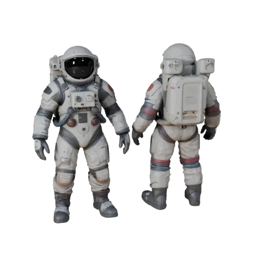 Modello 3D stilizzato Tuta Spaziale, rendering isometrico stilizzato, che mostra strisce emissive, forte silhouette del prop.